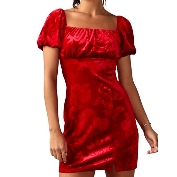 Francesca's Women's Large Red Lois Velvet Jacquard Short Puff Sleeve Mini Dress - Picture 1 of 7